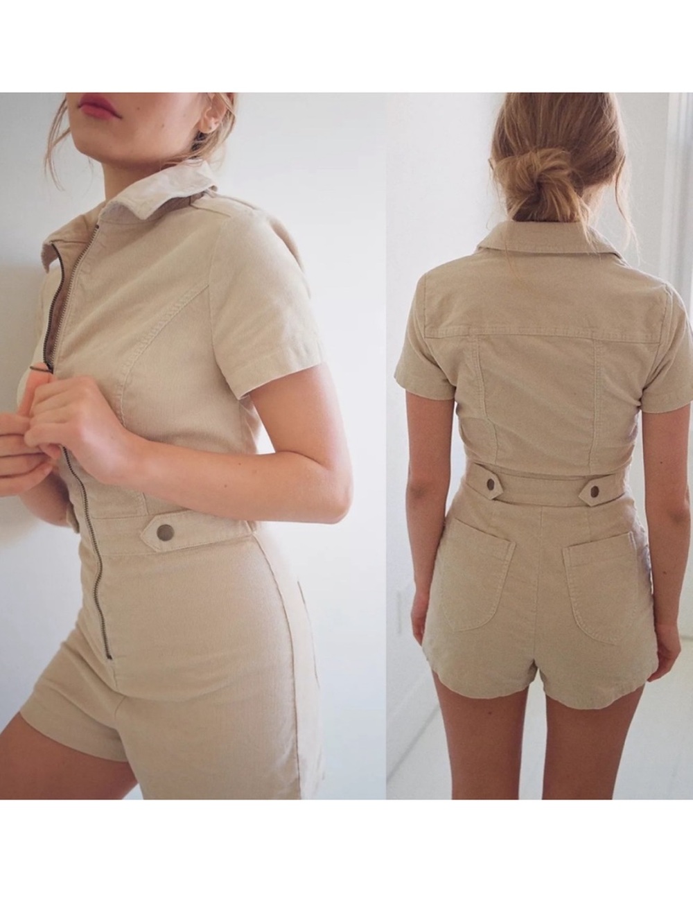 Urban Outfitters Tyson Cream Cotton Corduroy Zip Front Romper XS
